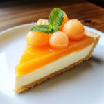 Tarte estivale au mascarpone et au melon, garnie de curd de melon onctueux, billes de melon frais et feuilles de menthe.