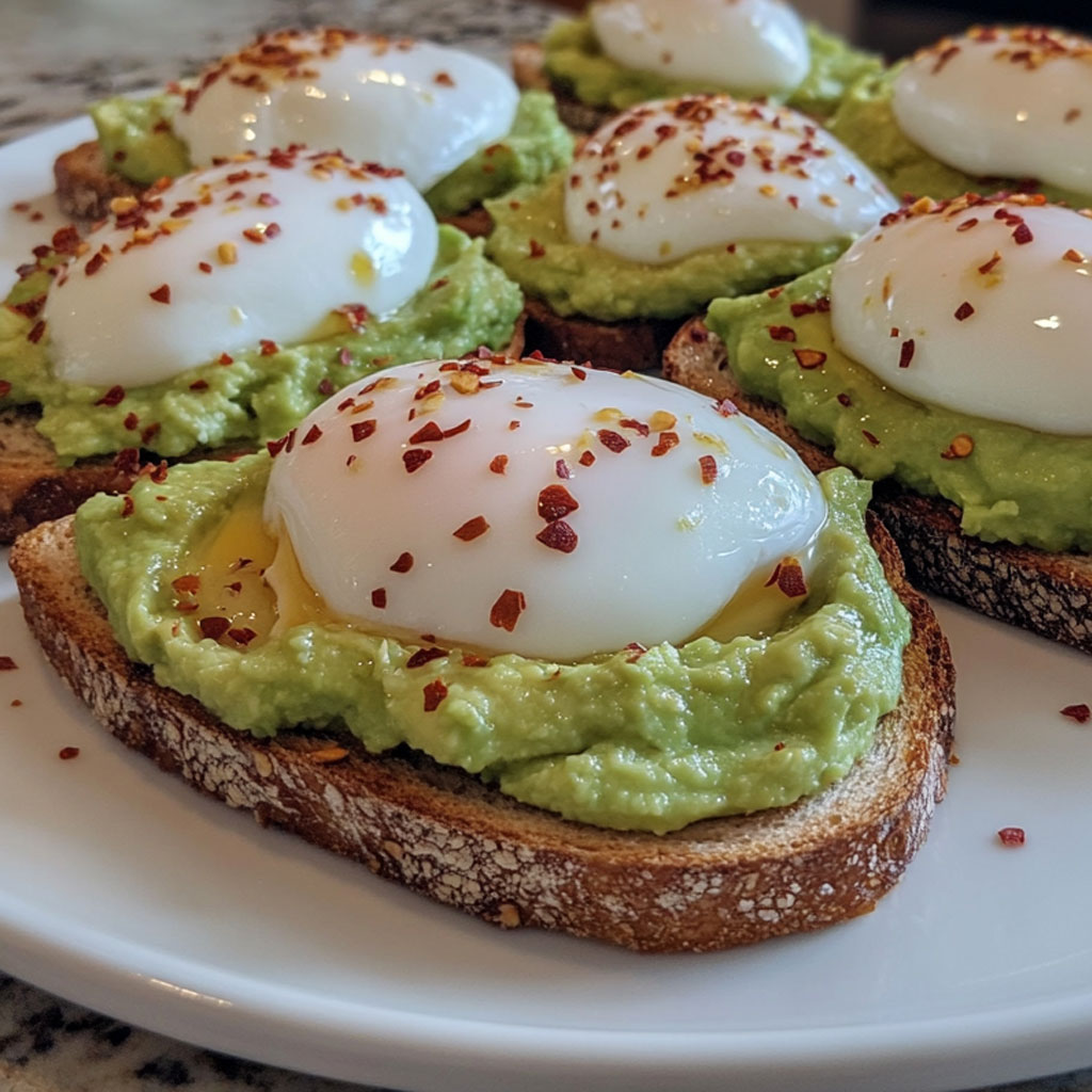 Tartine de pain grillé garnie d’avocat écrasé et d’un œuf poché au jaune coulant, décorée de piment et de graines.